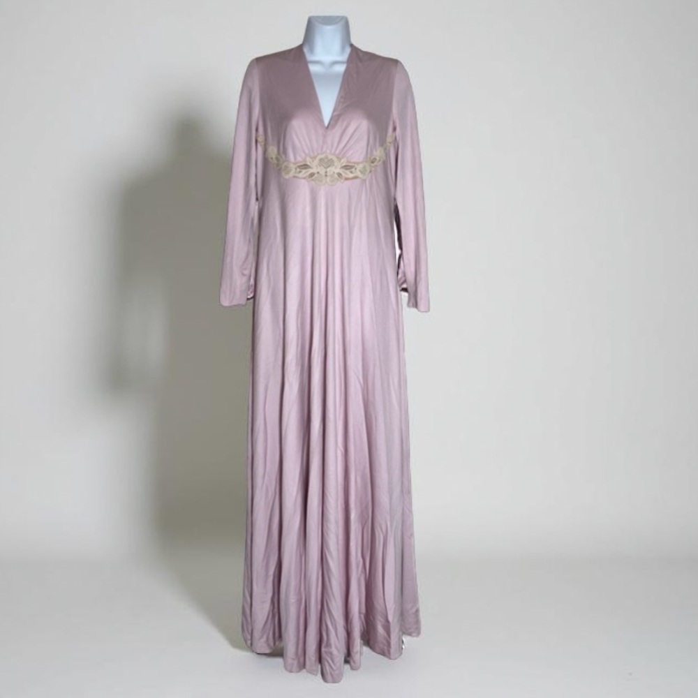 Vintage 70s Lilli Diamond Pink Gown Long Sleeve Embroidered Maxi Dress Small - Picture 3 of 12